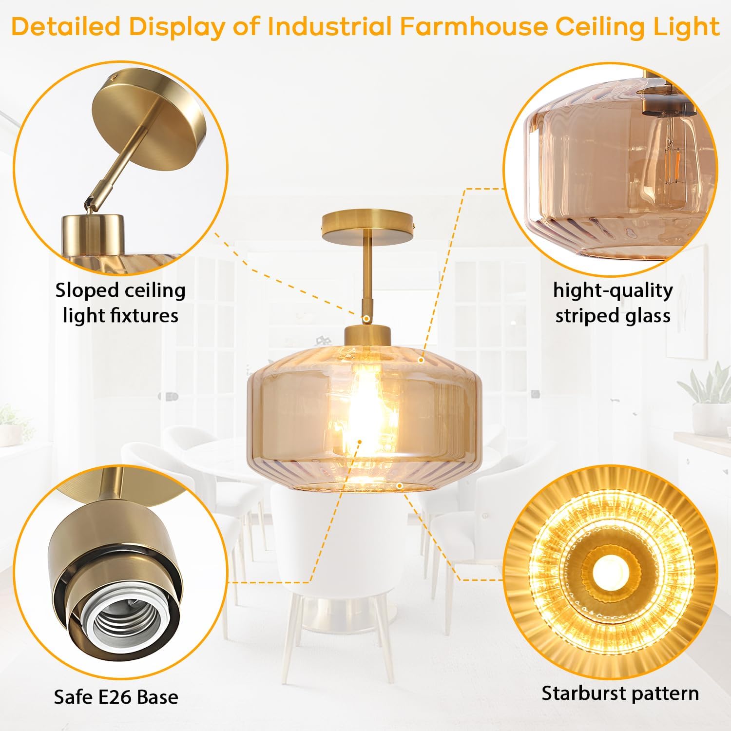 Mid Century Ceiling Light, 11.81 Inch Glass Semi Flush Mount Sloped Ceilings Lights Fixture,Amber Vintage Lighting for Bedroom Kitchen, Entryway, Hallway, Foyer