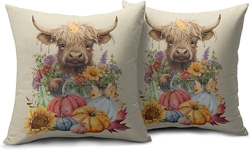 Miniatura 10 de Juego de 2 fundas de almohada de otoño de 18 x 18 pulgadas, diseño colorido de calabaza, girasol, vaca, para exteriores, para Acción de Gracias,