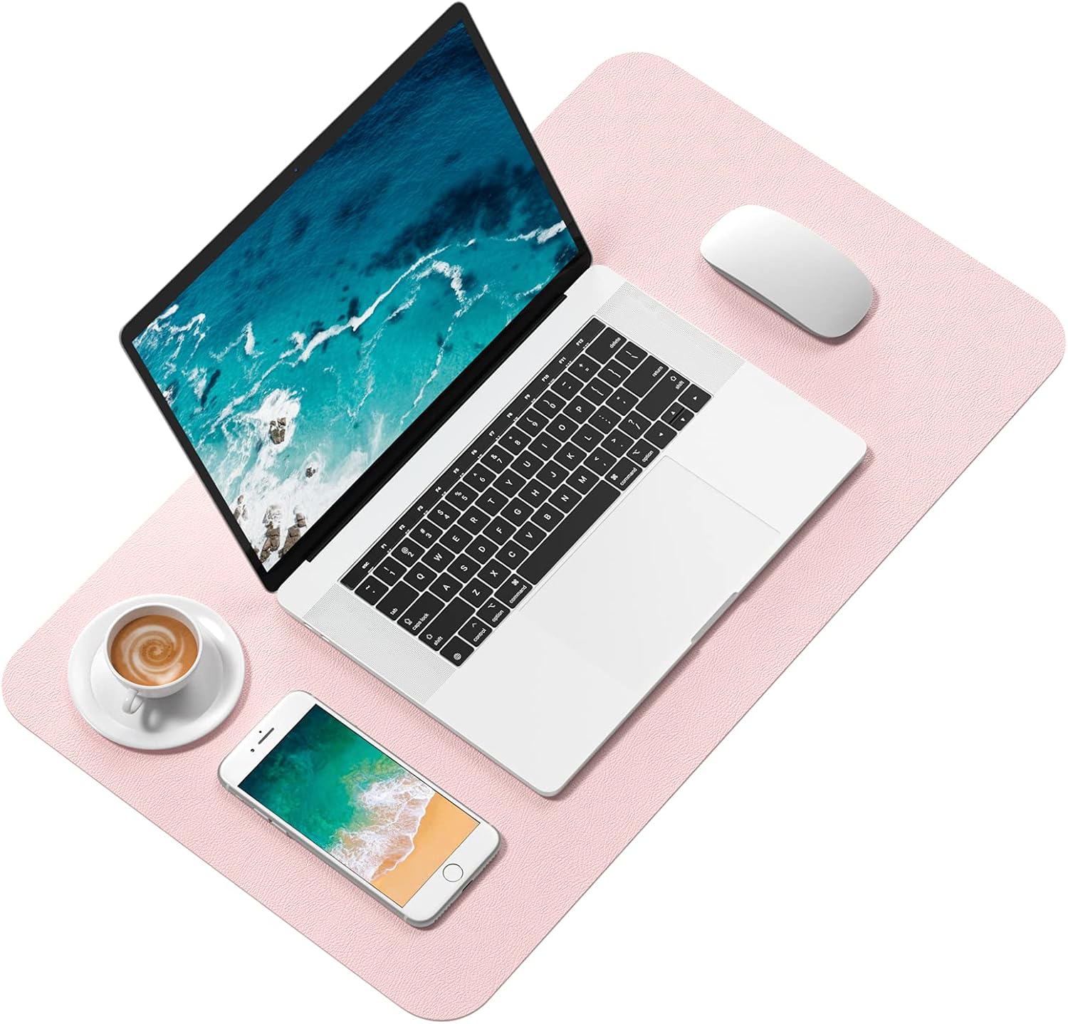 Hsurbtra Desk Pad, 23.6" x 13.8" PU Leather Desk Mat, M Extended Mouse Pad, Waterproof Desktop Blotter Protector, Non-Slip Ultra Thin Small Laptop Keyboard Writing Mat for Office Home, Pink - 2
