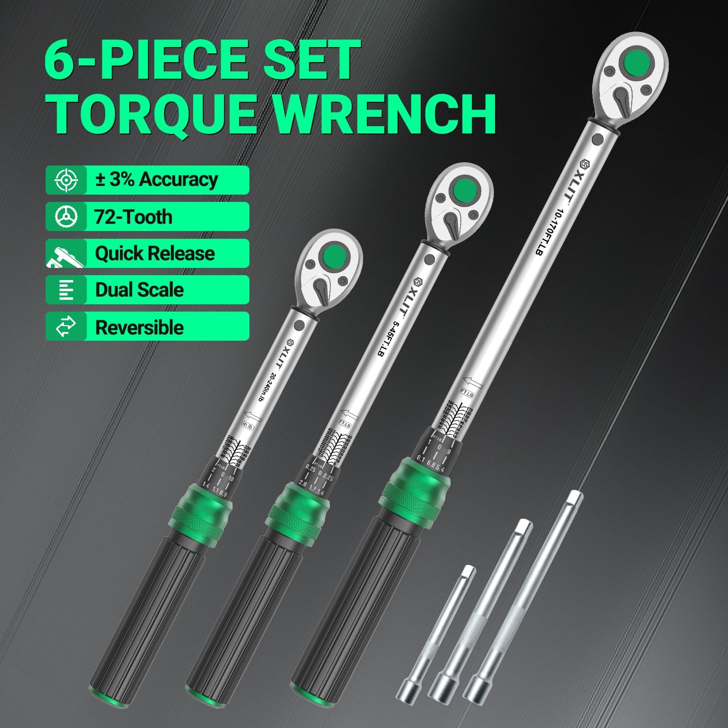 3-Piece Torque Wrench Set - 3 Click Wrenches (1/4", 3/8", 1/2") with 3pc Extension Bars, Pro 72-Tooth Ratchet, ±3% Accuracy, for Automotive, Motorcycle & E-Bike