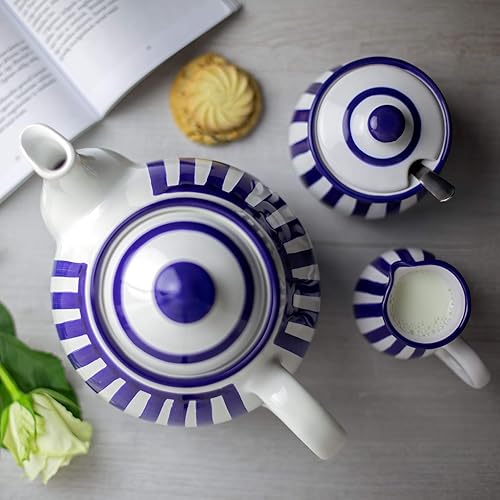 Miniatura 3 de Juego de tetera de cerámica hecha a mano con rayas azul marino oscuro, tetera grande de 1,7 l/60 onzas, 4-6 tazas, jarra de leche, azucarero, juego