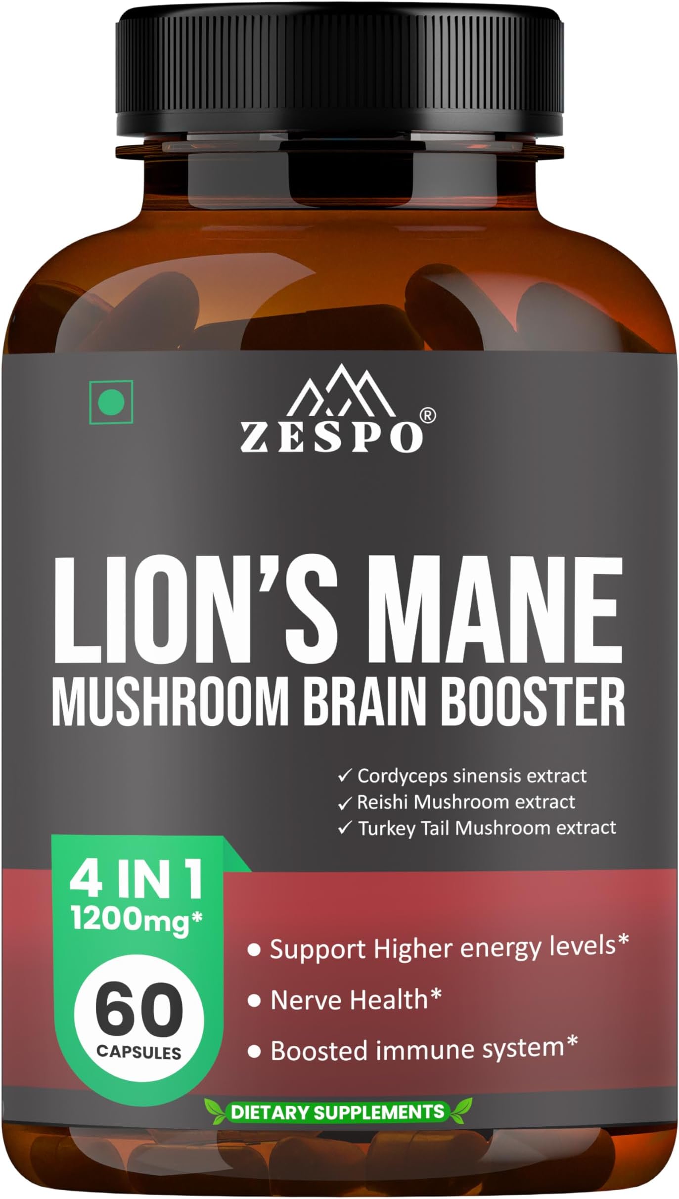 Zespo Organic Lions Mane Mushroom, 4 in1-1200MG - Brain Booster with Reishi, Turkey Tail Mushroom & Cordyceps Sinensis - 60 Capsules