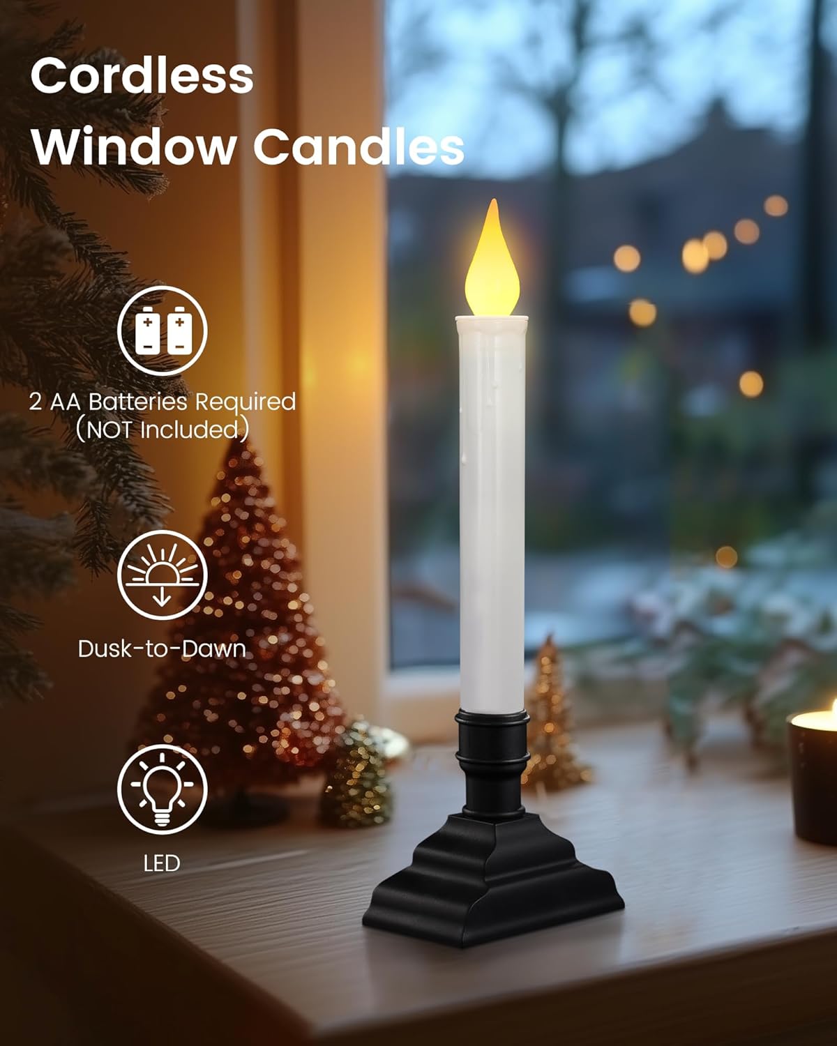 SURAIELEC 4 Pack Battery Operated Window Candles, Dusk-to-Dawn Window Lights with Removable Candle Holders, LED Flameless Candlesticks for Christmas Window, Mantel, Dining Table, Matte Black - Image 2