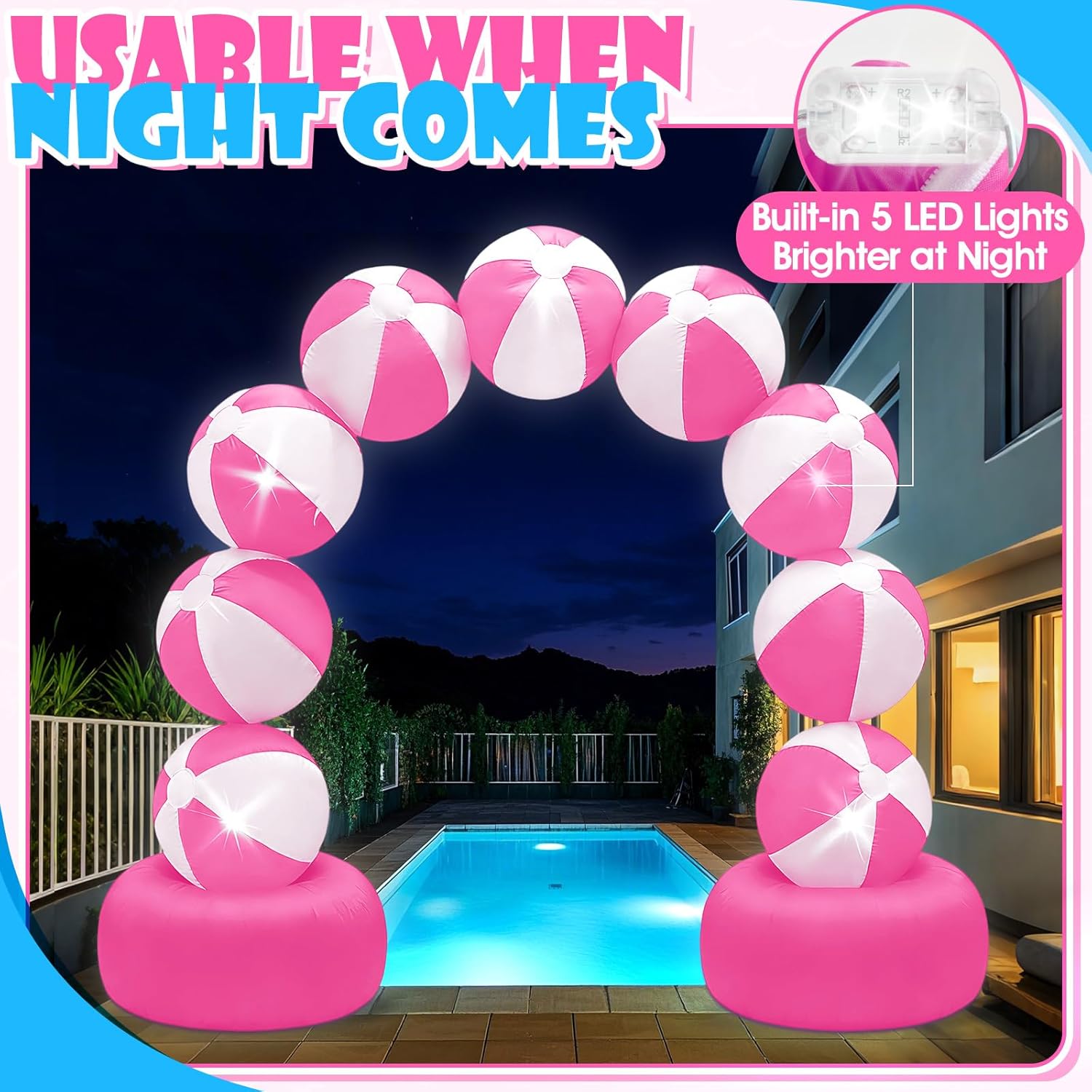 8FT Inflatable Beach Ball Arch Built-in 5 LED Lights Pink Blow Up Archway for Summer Outdoor Decorations Tropical Luau Carnival Pool Beach Birthday Party Supplies Yard Garden Lawn Photo Backdrop