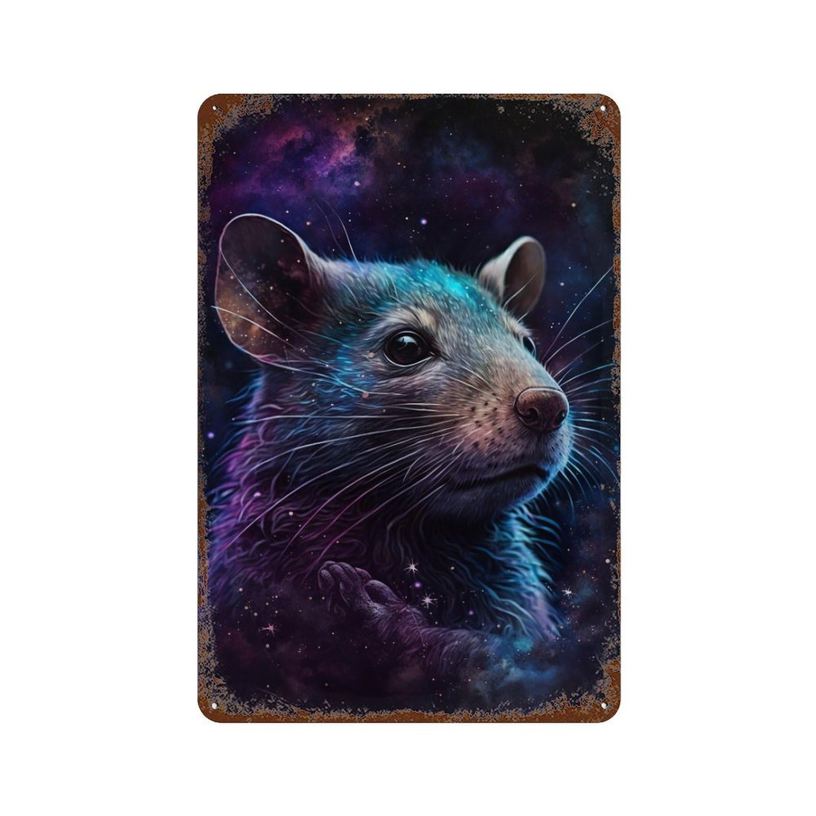 Rust Effect Cosmic Rat Art Print Rusty Metal Tin Sign 11.8"x7.9", Industrial Home Decor for Living Room, Hallway And Home Decor