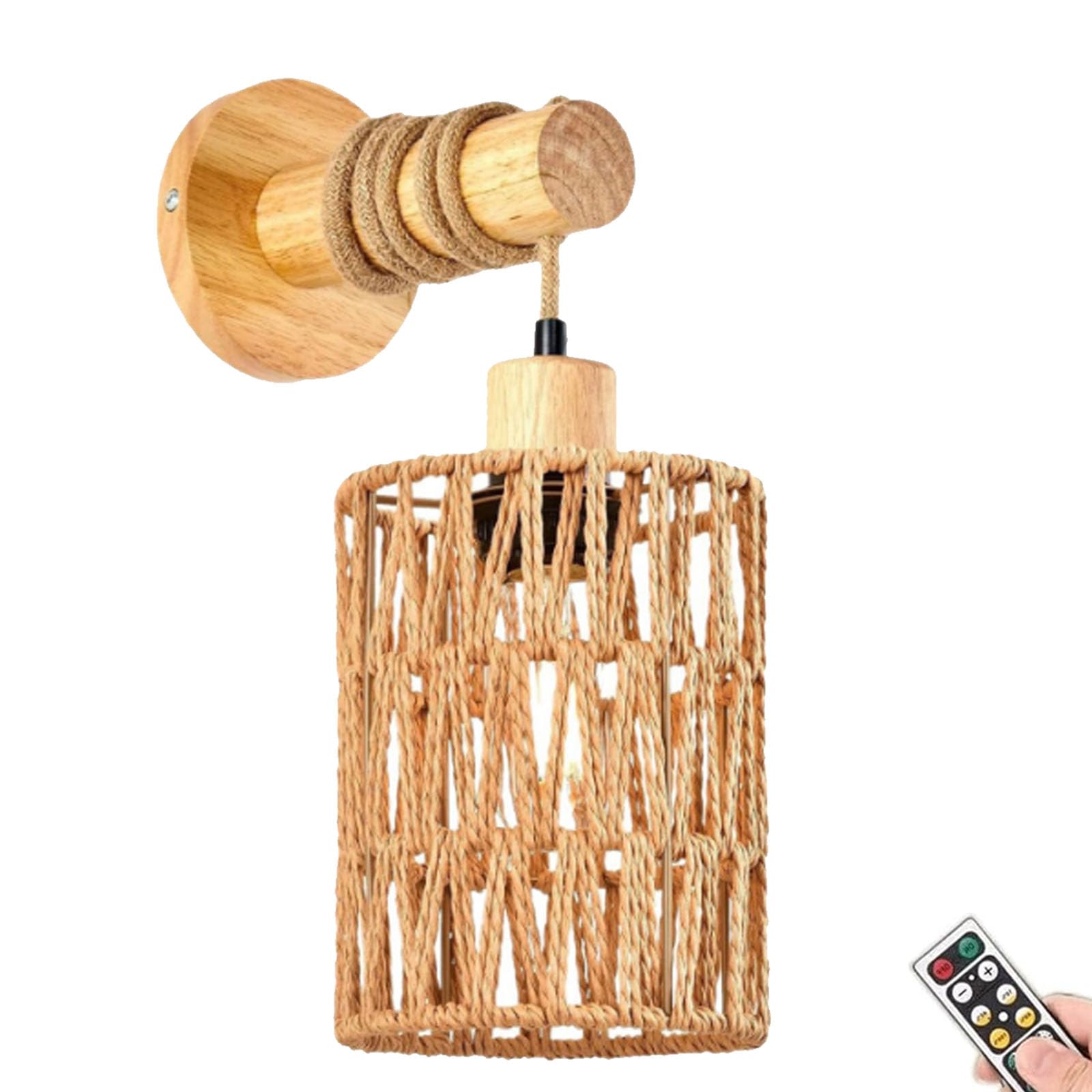 FZQSXAZU Boho Wall Sconces,Battery Rechargeable Rattan Wicker,Remote Battery Operated Light Sconces Decor Set of 2,Dimmable Wireless Lamp for Bedroom,Hallway,Entryway(Size:1pcs,Color:A)