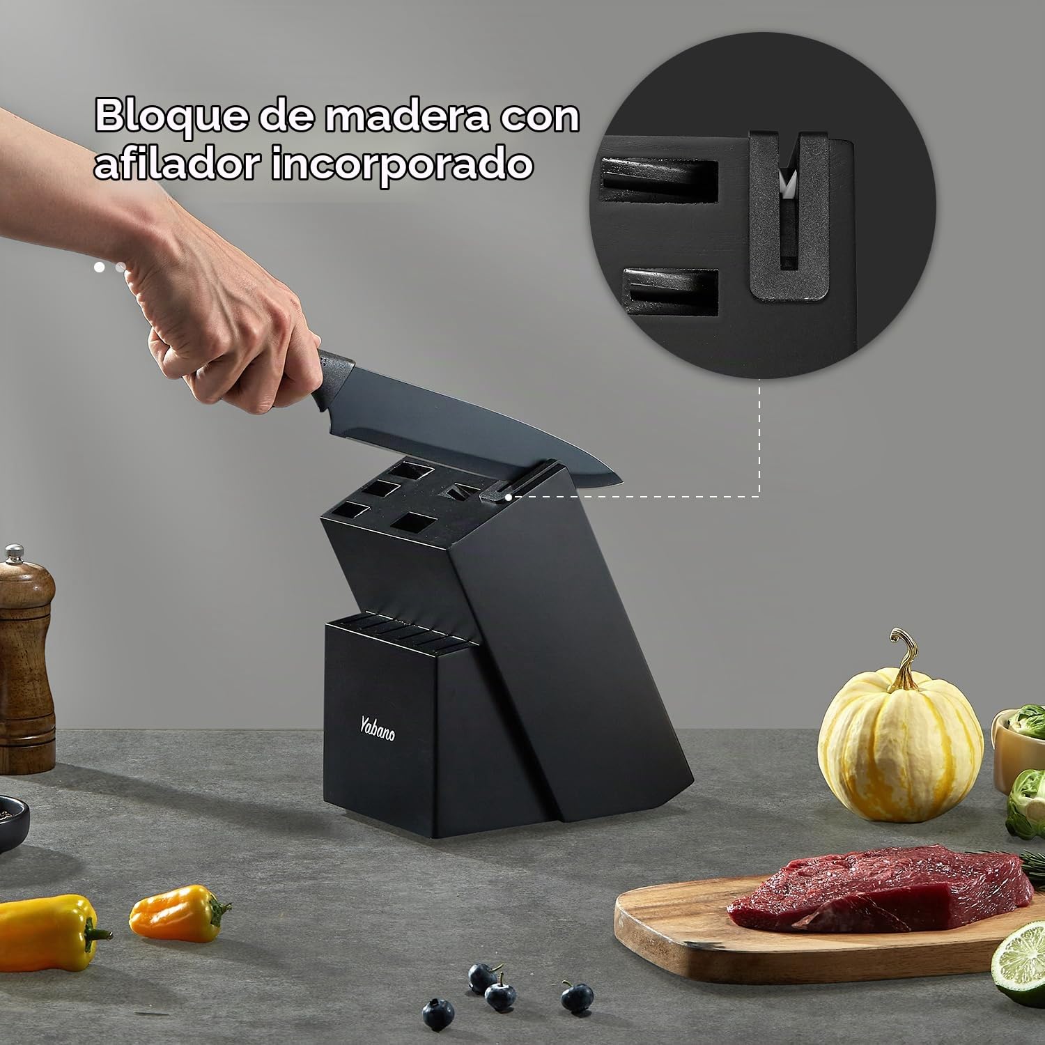 Yabano Juego de Cuchillos de Cocina, Juego de Bloque de Cuchillos de Cocina de Acero Inoxidable de 14 Piezas con Afilador Incorporado, Negro