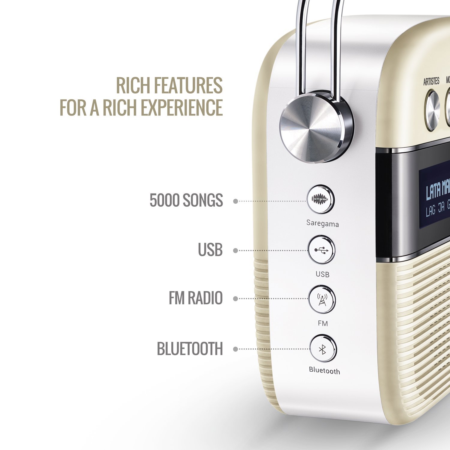 Saregama Carvaan Hindi - Portable Music Player with 5000 Preloaded Songs, FM/BT/AUX (Porcelain White) — Amazon image 4