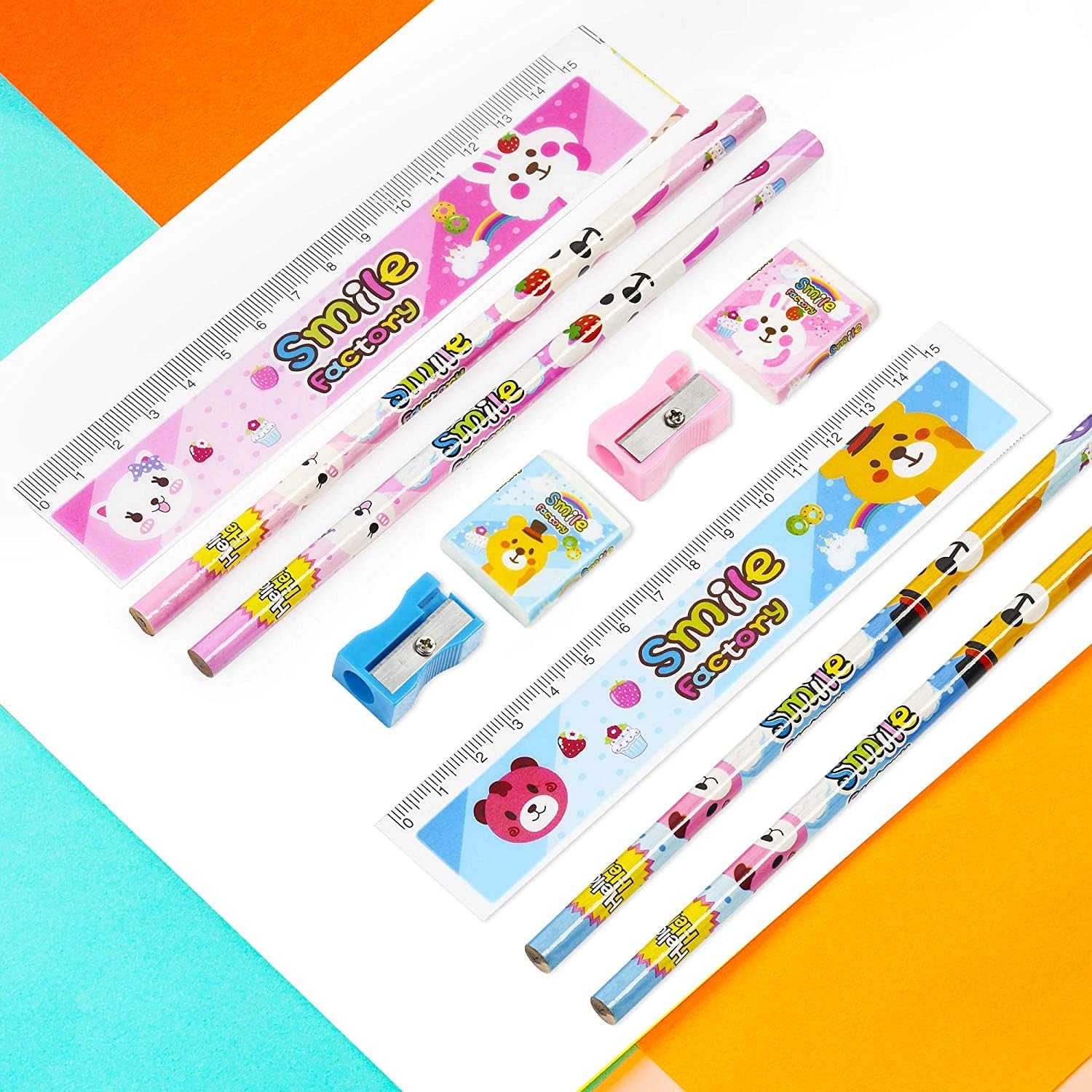 THE TWIDDLERS - 40 Kinder Schreibwaren-Sets, 20 Rosa & 20 Blau - Enthält zwei Bleistifte, Lineal, Anspitzer & Radiergummi - Multipack Perfekte Party-Taschenfüller für Kinder