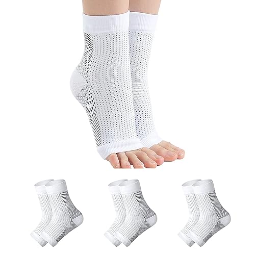 3 pares de calcetines de neuropatía de compresión para tobillo para hinchazón, fascitis plantar, neuropatía, tobillera para hinchazón (L-XL, blanco