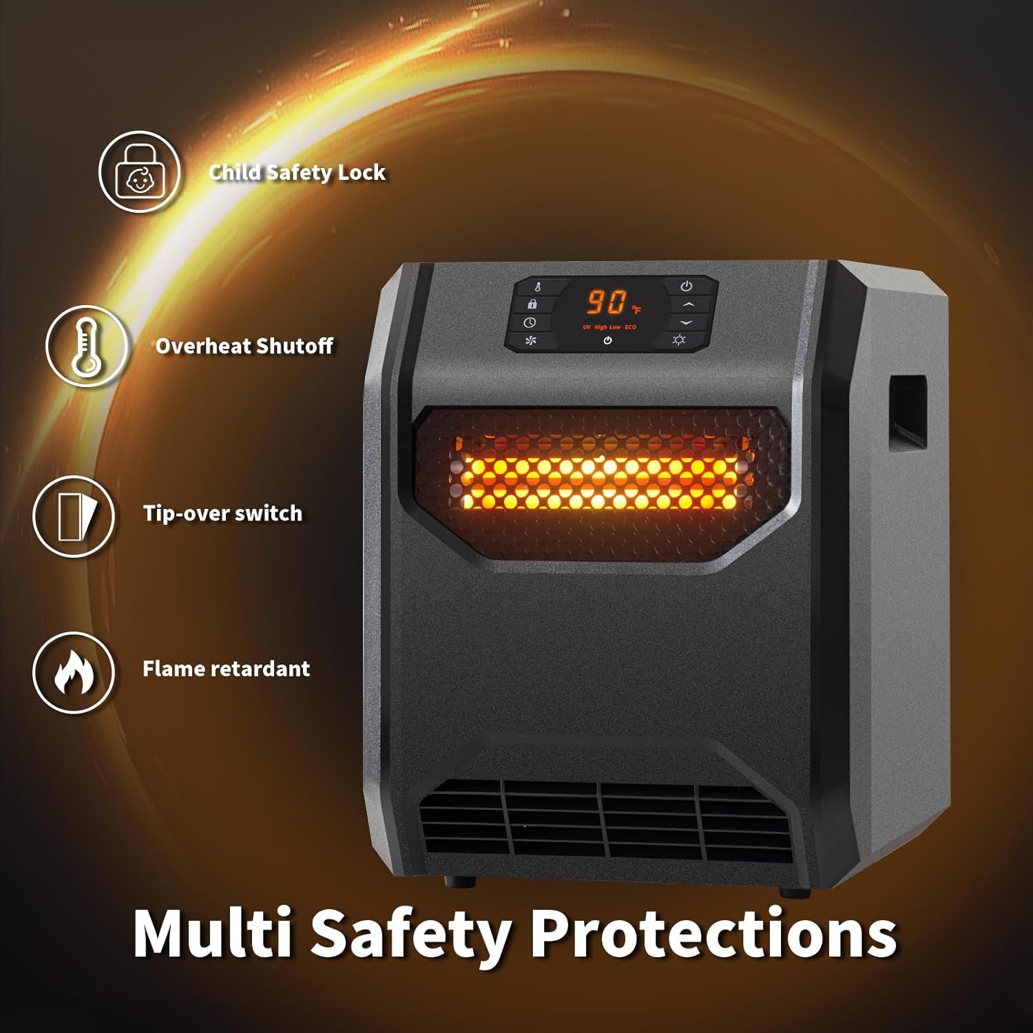 Multi Safety Protections including Child Safety Lock, Overheat Shutoff, Tip-over switch, and Flame retardant materials.