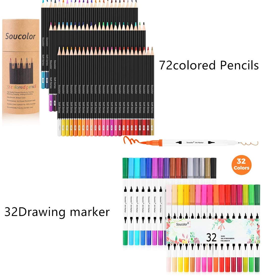 Buy Soucolor 32 Dual Tip Brush Markers Pens & 72Color Colored Pencils