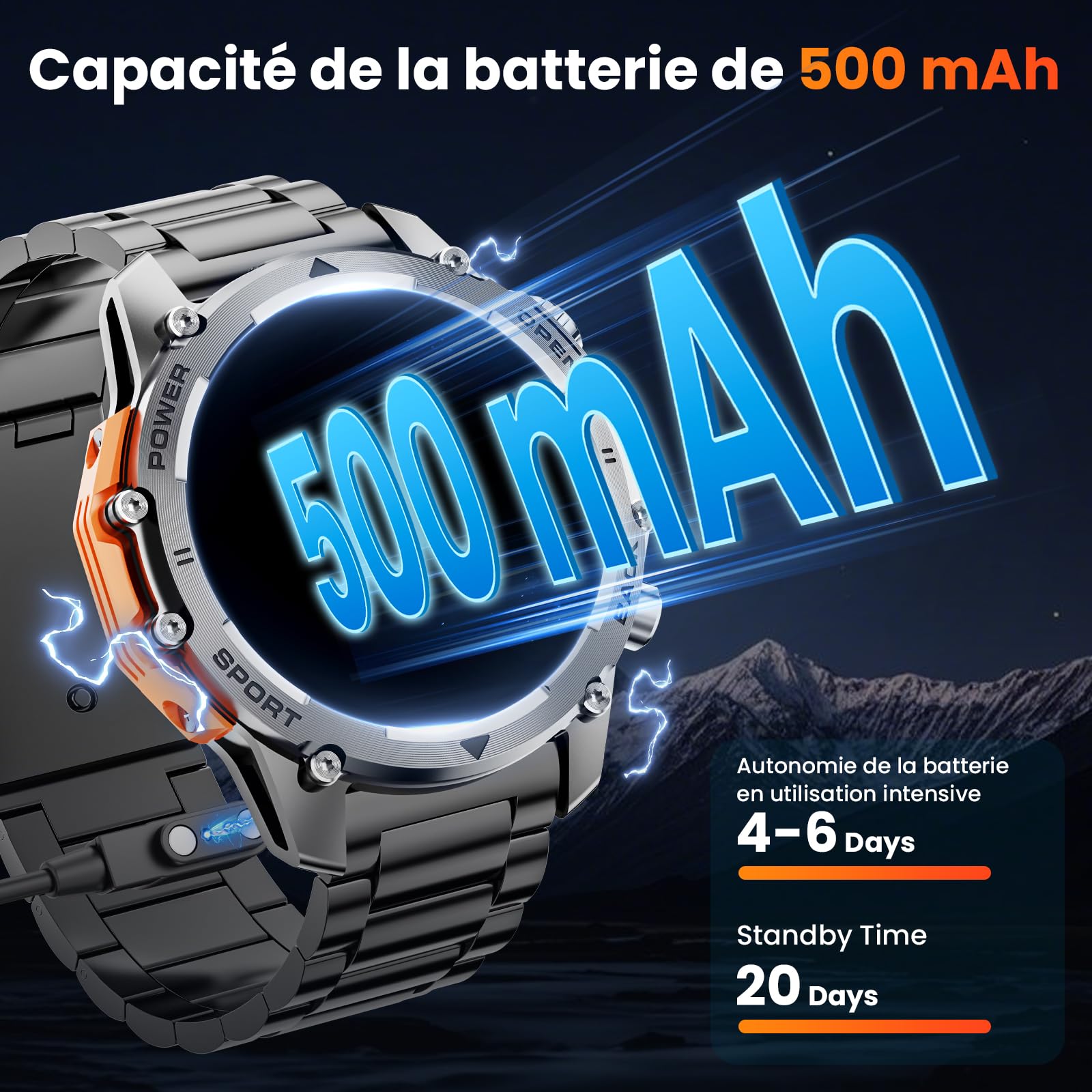 Montre Connectée Homme 1,52"HD Écran Smartwatch, 500 mAh Batterie et 120+ Modes Sportifs, Montre Connectée Militaire avec Fréquence Cardiaque/SpO2/Sommeil Moniteur et Lampe De Poche pour Android iOS