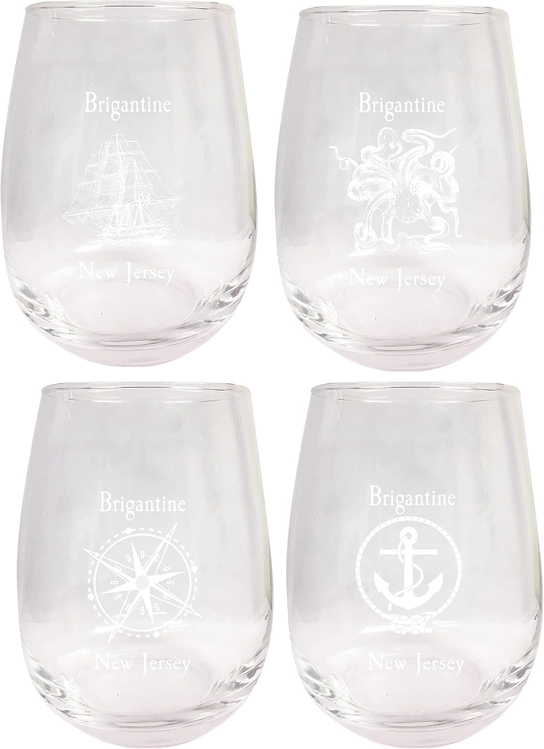 R and R Imports Brigantine New Jersey Souvenir 9 Ounce Laser Engraved Stemless Wine Glass Nautical Designs 4-Pack