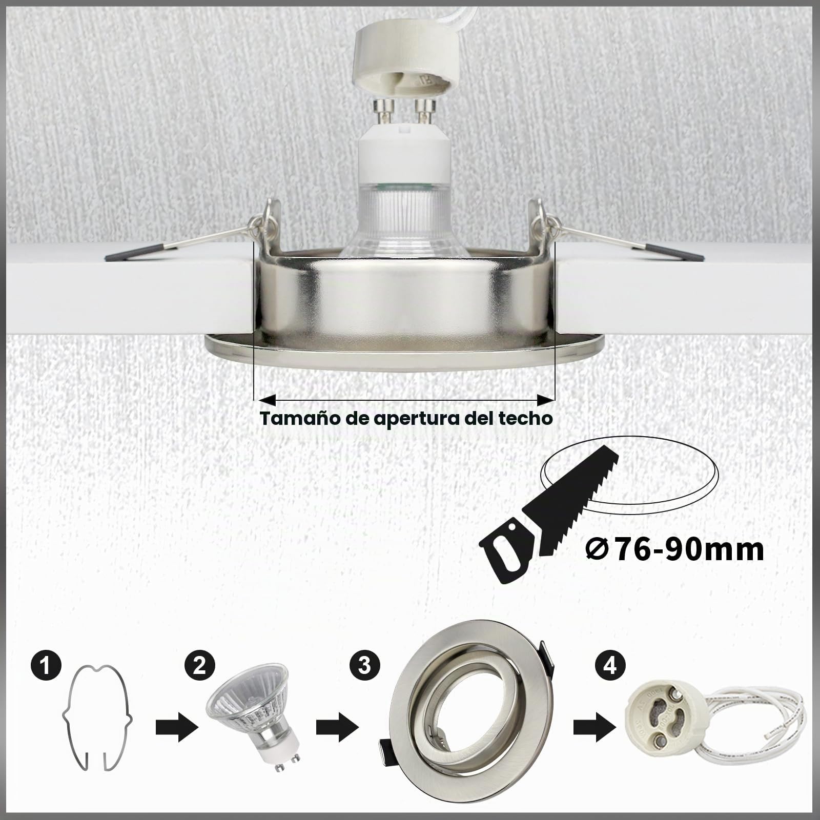 Set de Focos Empotrables GU10, 20x Marcos de Montaje en Metal Cepillado con Casquillo Cerámico GU10, Ø76-90 mm, Orientables a 30°, Para Lámparas LED o Halógenas, Diámetro de 98 mm, Forma Redonda