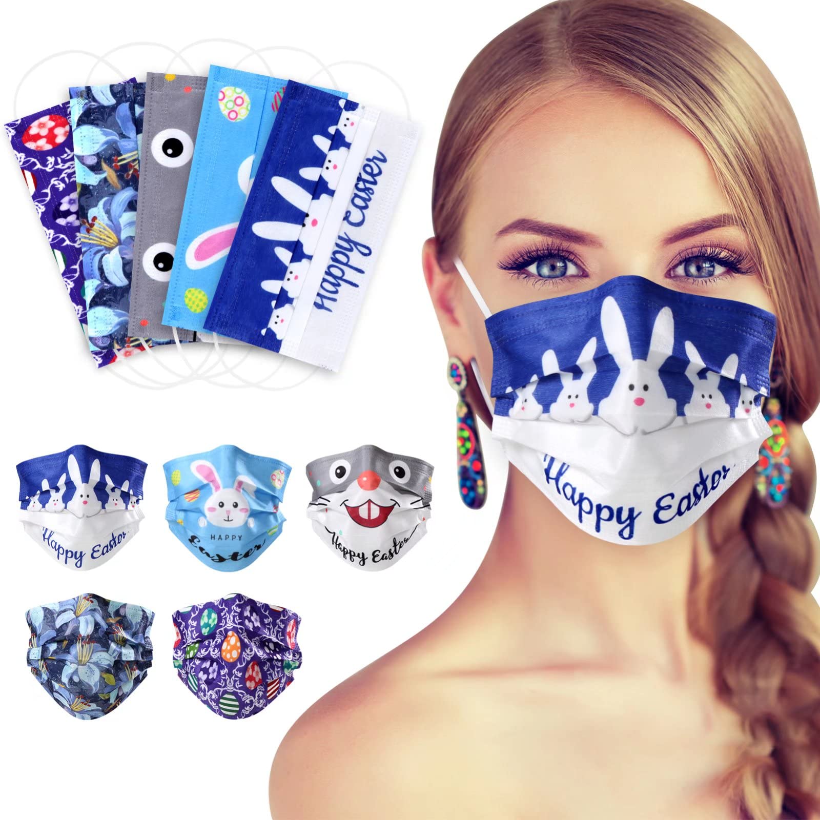 Easter Disposable Face Masks - 50Pcs, Printed Face Mask for Adults, 3Ply Stylish Mask with Designs, Eggs/Rabbit/Flower Prints Safety Mask for Holiday