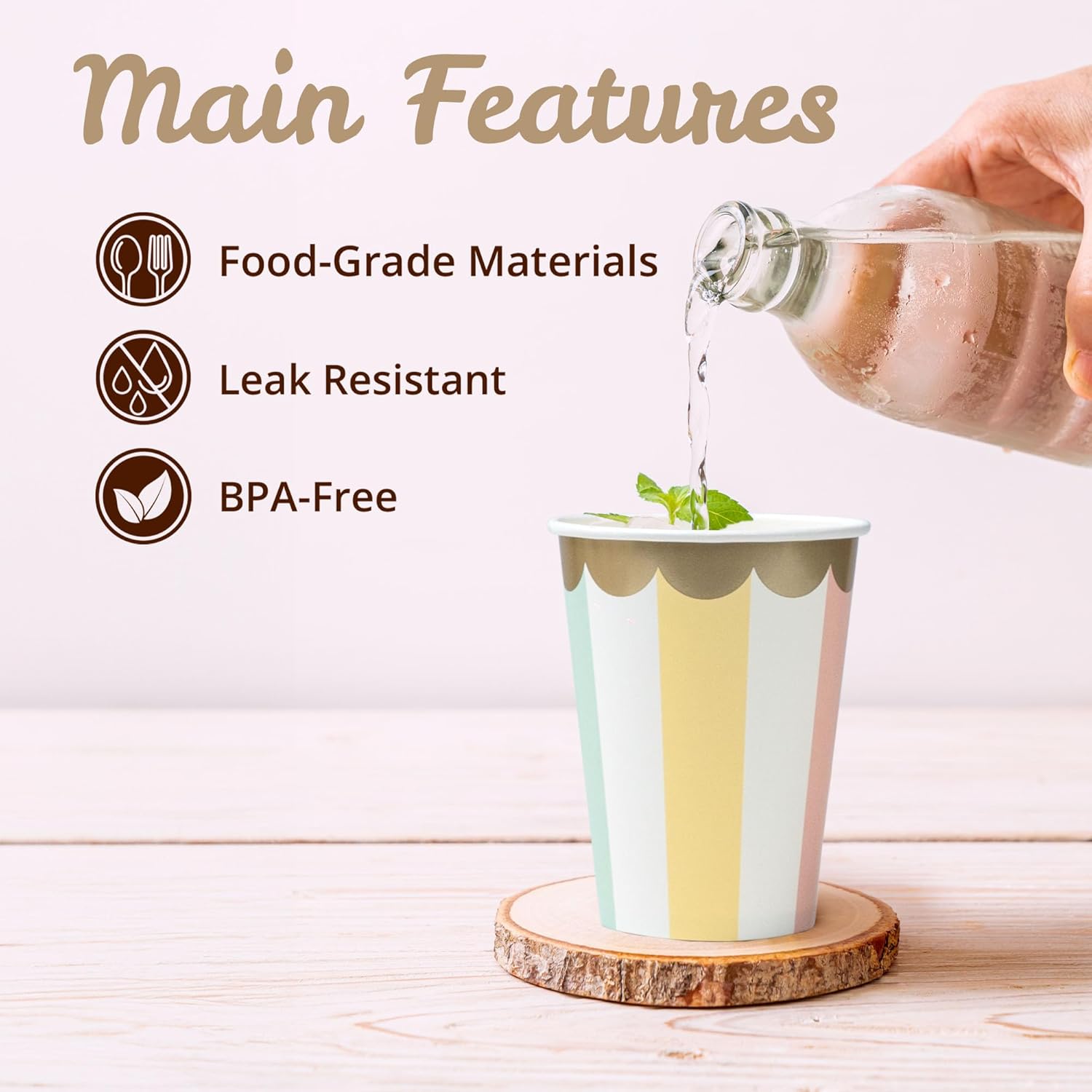 Disposable Paper Coffee Cups, Bulk 100 Pack, Pastel Stripes, Leak-Resistant, 12 oz Hot and Cold Cups for Restaurants and Parties - Image 6