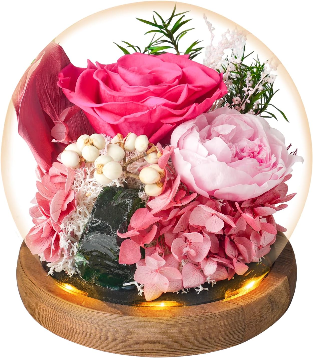Double Blessing of Real Rose and Real Natural Healing Crystal, Preserved Flowers Glass Dome with LED,Rose Gift for Women,Preserved Rose in Black Gift Box with Card,Romantic Glass Rose for Birthday
