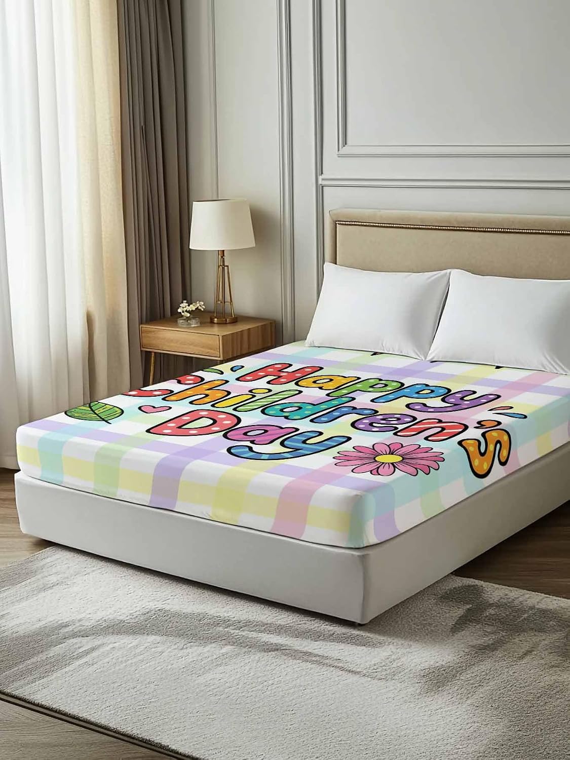 Full Flat Sheet, Children's Day Full Bed Sheets Only, Soft Microfiber Flat Sheet, Cartoon Colorful Polka Dot Flowers Leaf Plaid Hotel Quality Bedding Top Sheet Bedroom Home Dorm Decor