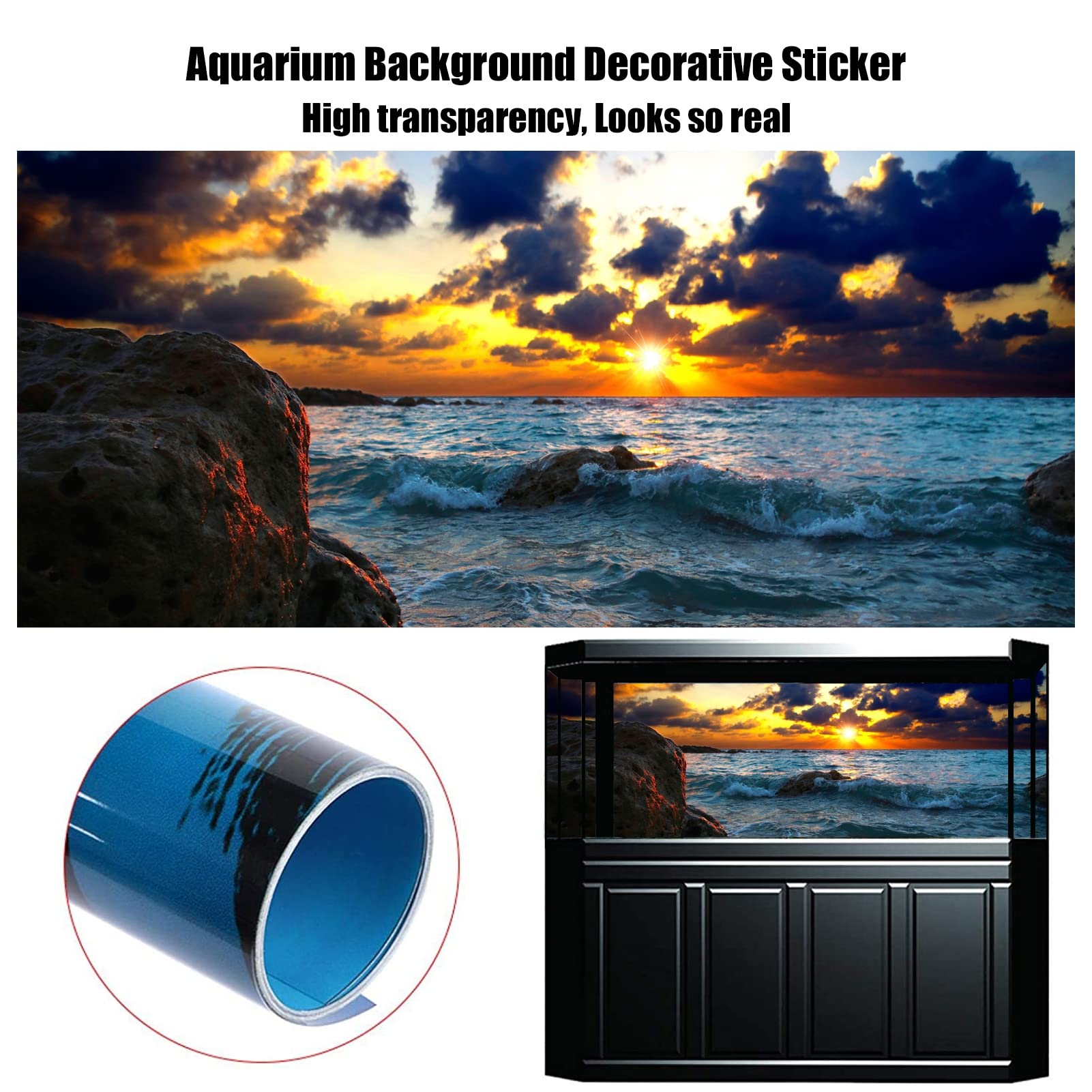 NIMOSA Autocollant de fond pour aquarium - Poster sous-marin en PVC autocollant - Océan coucher de soleil - Papier peint décoratif pour aquarium - Images de fond sous-marin - Image décorative, 122 x