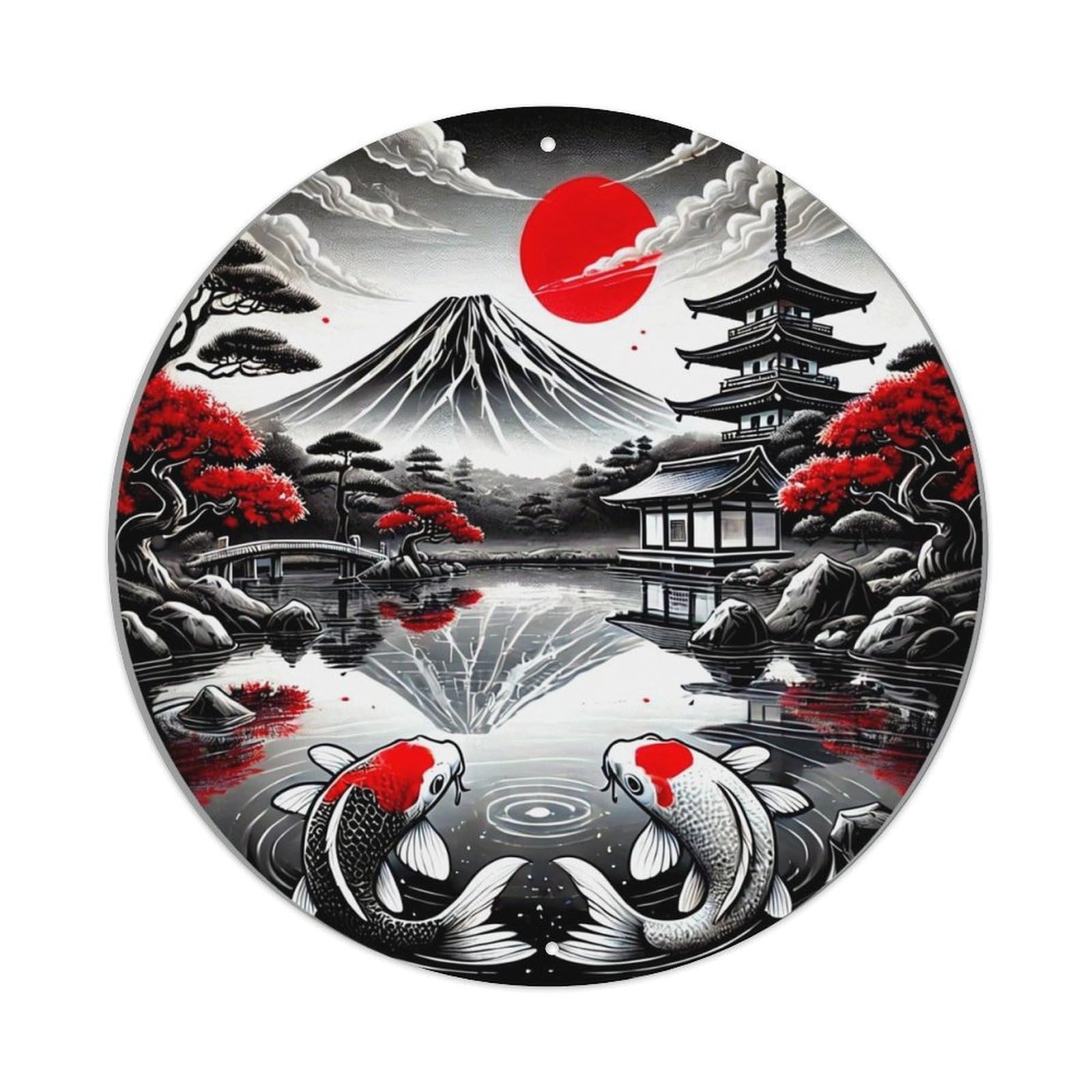 Mount Fuji Koi Fish Pagoda Sunset Round Metal Tin Sign Vintage Wall Decor, Bar Garage Cafe Kitchen Home Wall Art Poster 8x8inches