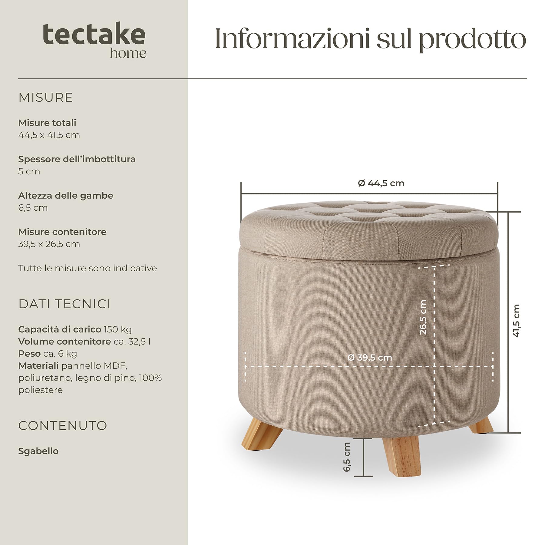 tectake® Sgabello Rotondo in Lino, Pouf Contenitore con Grande Scomparto, Gambe in Legno Massiccio, Capacità di Carico 150 Kg, Ø 44,5 cm, 41,5 cm di Altezza - Sabbia