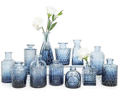 SUPMIND Glass Bud Vase Set of 12, Small Blue Flower