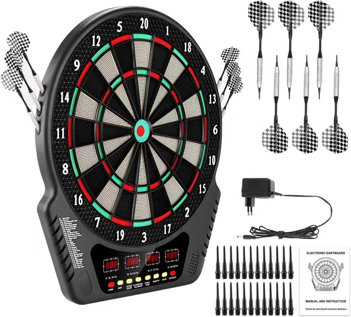 Elektronische Dartscheibe für 1-16 Spieler, E-Dartboards Dartautomat mit 4 LCD-Anzeige und 6 Darts und 24 Pfeilkopf 27 Spiele mit 243 Spieloptionen Profi Elektronik Dartspiel
