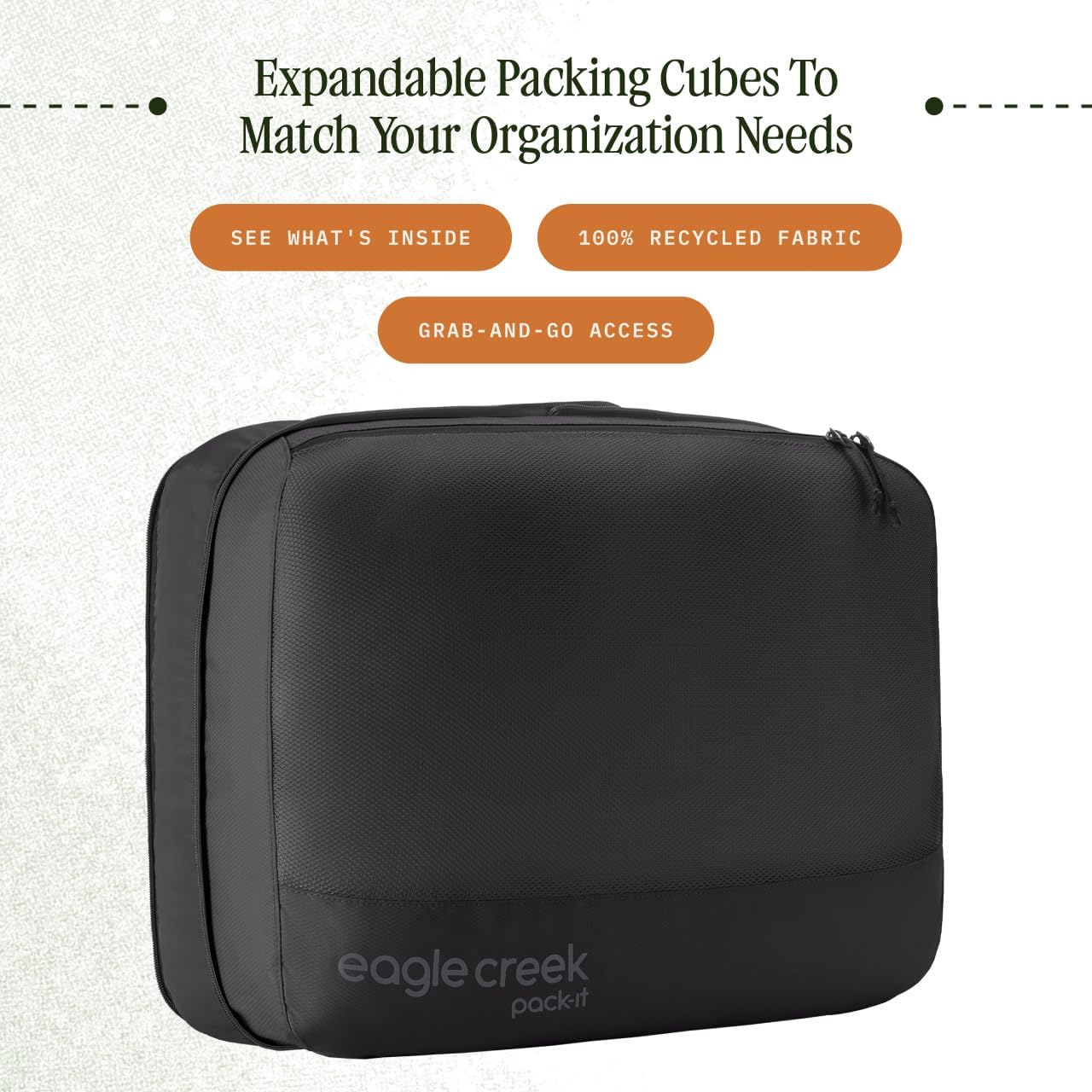 Eagle Creek Pack-It Reveal Expansion Cube - Adjustable Storage Expansion Cube for Travel - Durable Compression Zipper - Water-Resistant - Sustainable - Large - Black