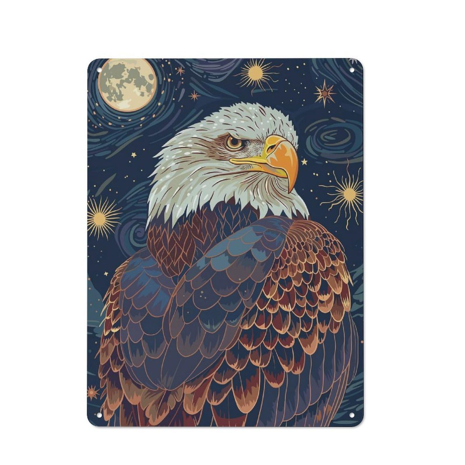 Junmoney Eagle In Starry Night Sky Illustration Rustic Metal Sign 40X30cm For Man Cave Or Games Room, For Vintage Wall Decor Fans, For Garage And Workshop Walls