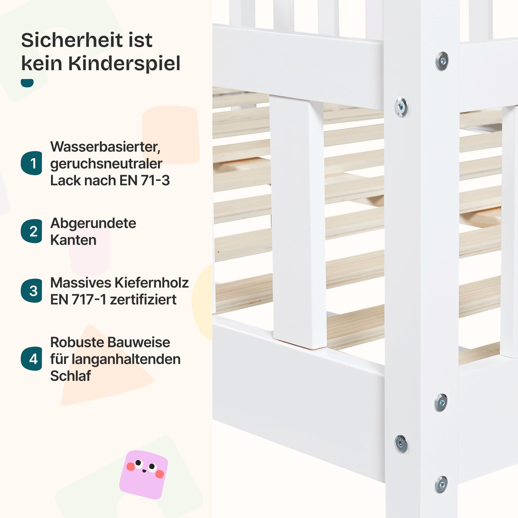 Kinderbett Sisimiut Hausbett Montessori 140 x 200 cm mit Rausfallschutz Holzbett Kiefernholz Weiß matt