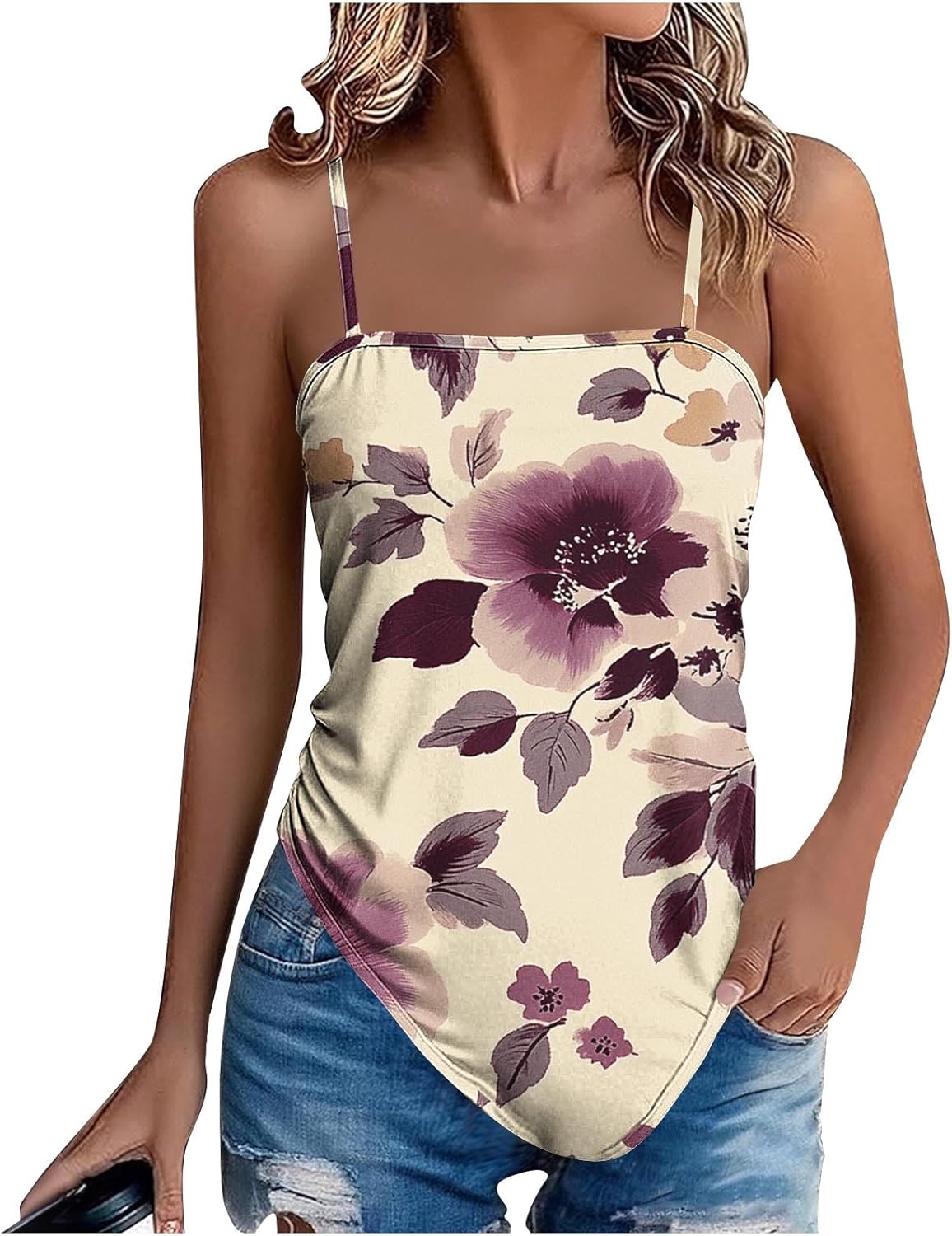Boho Tank Tops for Women Floral Print Hanky Hem Summer Camisole Spaghetti Strap Sleeveless Loose Casual Beach Cami Top