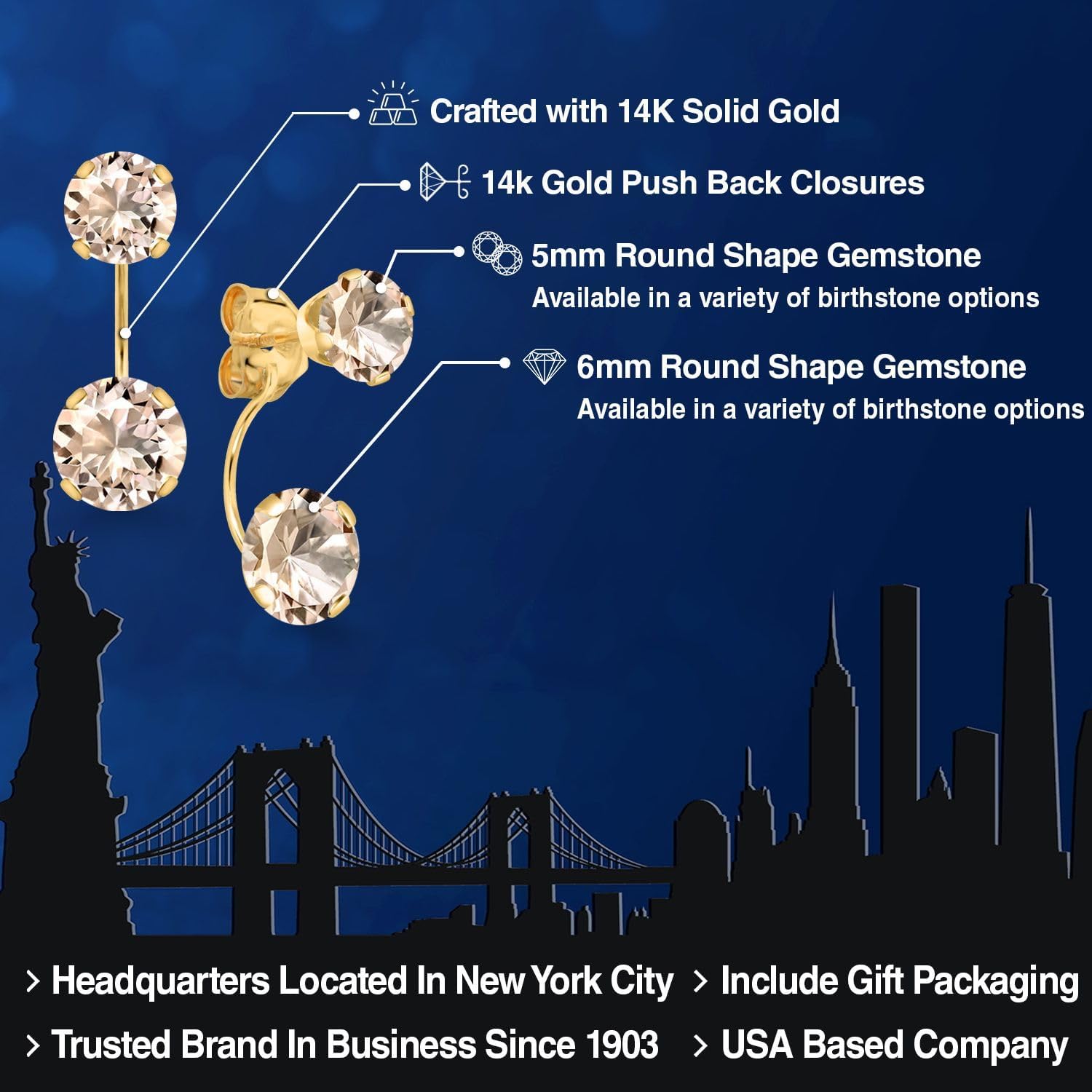 Gem Stone King 1-4 Cttw Gemstone Birthstone 2-Stone Front Back Stud Earrings for Women | 14K Yellow Gold | Round 6MM & 5MM | Fine Jewelry Gift for Her Mom Wife