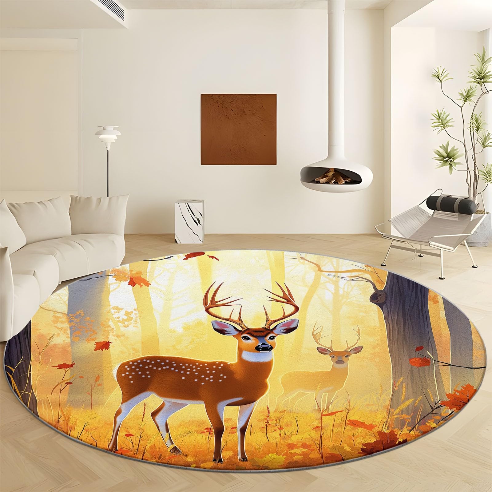Alfombra redonda de 120 cm para sala de estar, paisaje natural, bosque, ciervos, alfombra suave y esponjosa para dormitorio, alfombra circular amarilla, alfombra antideslizante lavable para el suelo