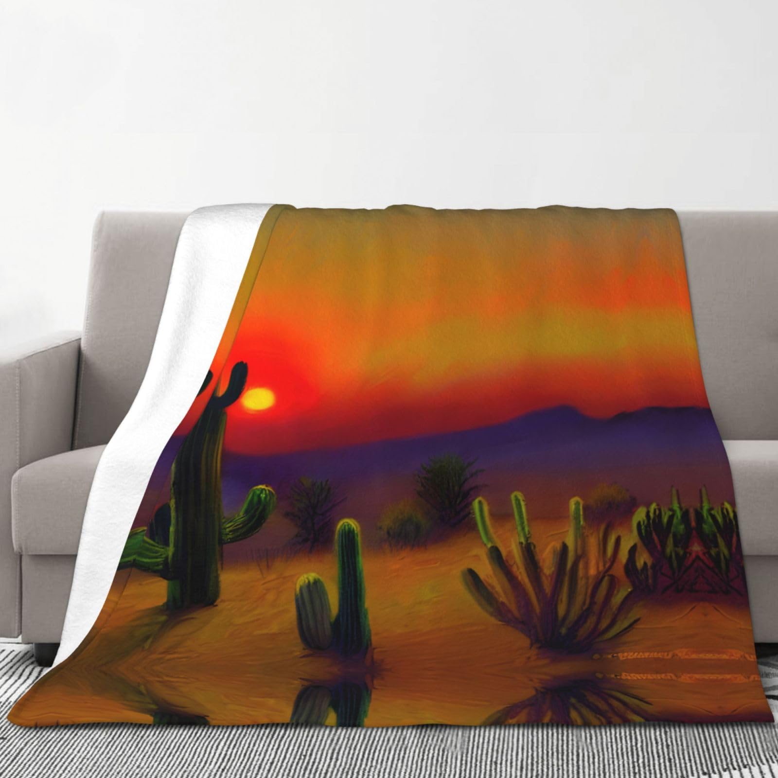 Couverture en flanelle avec imprimé cactus dans le désert - 177,8 x 203,2 cm - Confortable et chaude - Pour l'hiver - Pour camping ou voyage