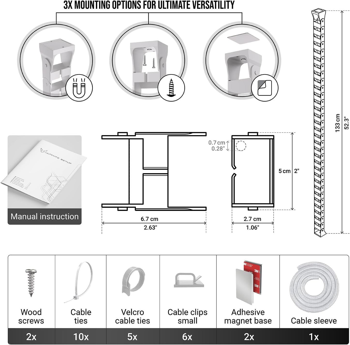 Ultimate Setup Under Desk Cable Management Vertebrae - Perfect for Sit Stand Desk - White, 133 cm