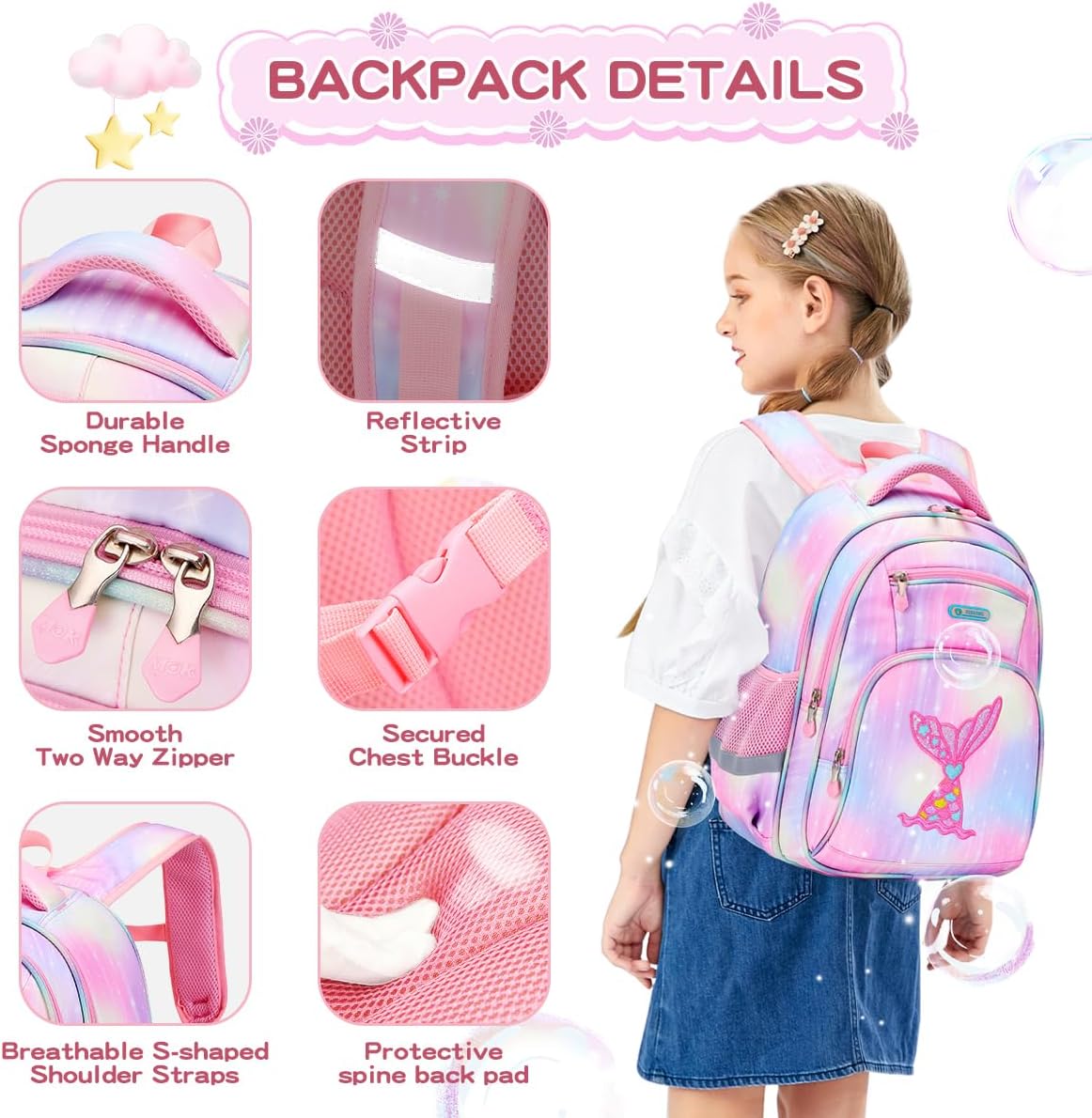 Cusangel Kids Backpack for Girls Preschool Elementary Kindergarten Mermaid School Bag 15.6″ Multifunctional Cute Large Capacity - Image 9