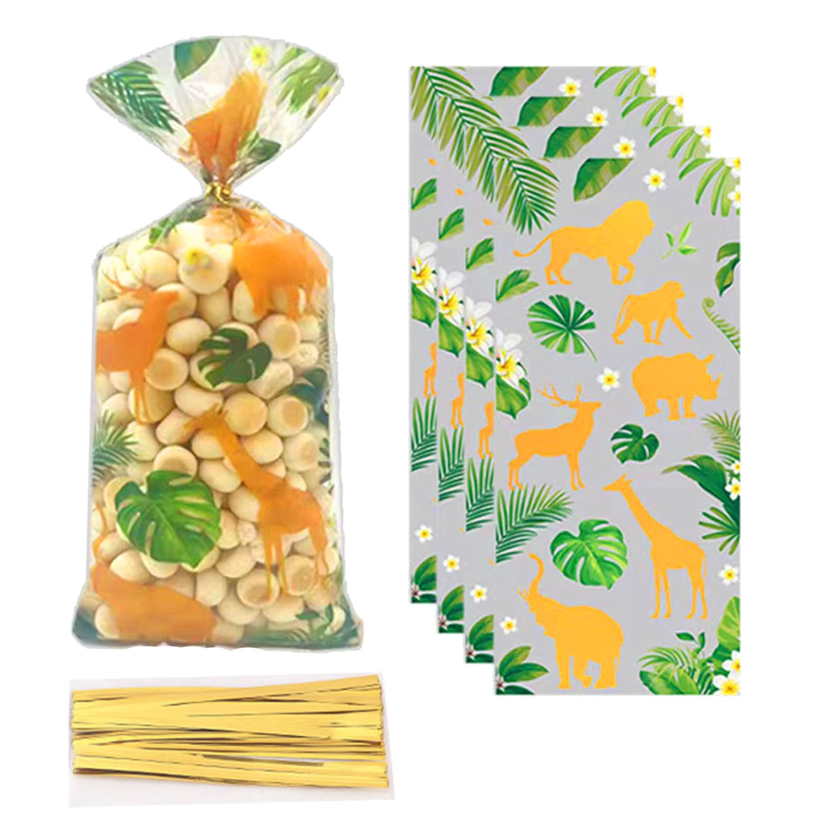 CSTYWC 50 Pieces Jungle Animal Cellophane Treat Bags, Green Gold Safari Animal Palm Leaves Plastic Candy Goodie Bags with 50PCS Twist Ties for Wild