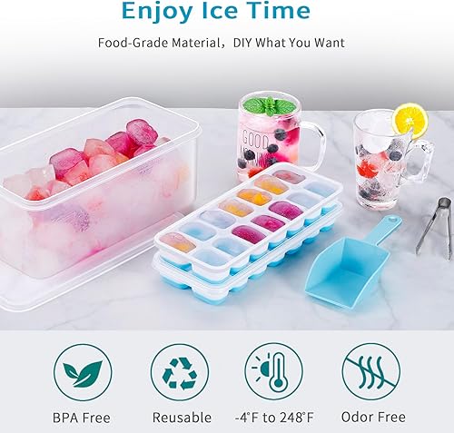 Miniatura 5 de ARTLEO Bandeja para cubitos de hielo con tapa y contenedor, paquete de 4 bandejas de plástico de silicona para cubitos de hielo para congelador con