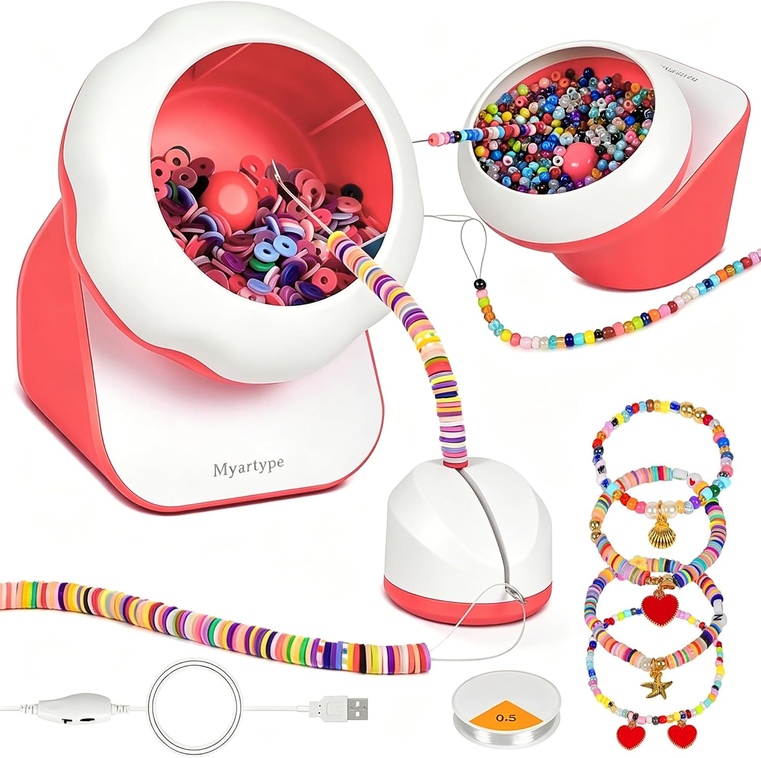 Clay Bead Spinner and Seed Bead Spinner, 2-in-1 Electric Bead Spinner for Jewelry Making, Bracelet Spinner and Necklace Making Machine with Bead Needles and Thread (Pastel Purple)