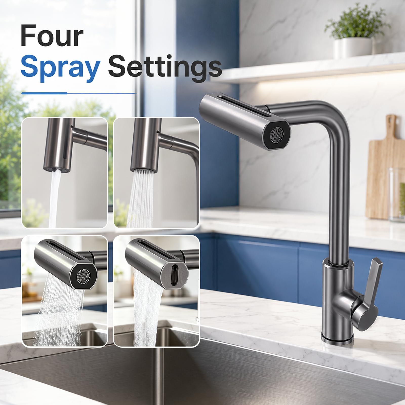 Grifo de cocina extraíble, grifo de cocina con ducha extraíble de 4 modos, caño giratorio 360°, cabezal de ducha extraíble, mezclador de alta presión de acero inoxidable 304 para agua fría y caliente