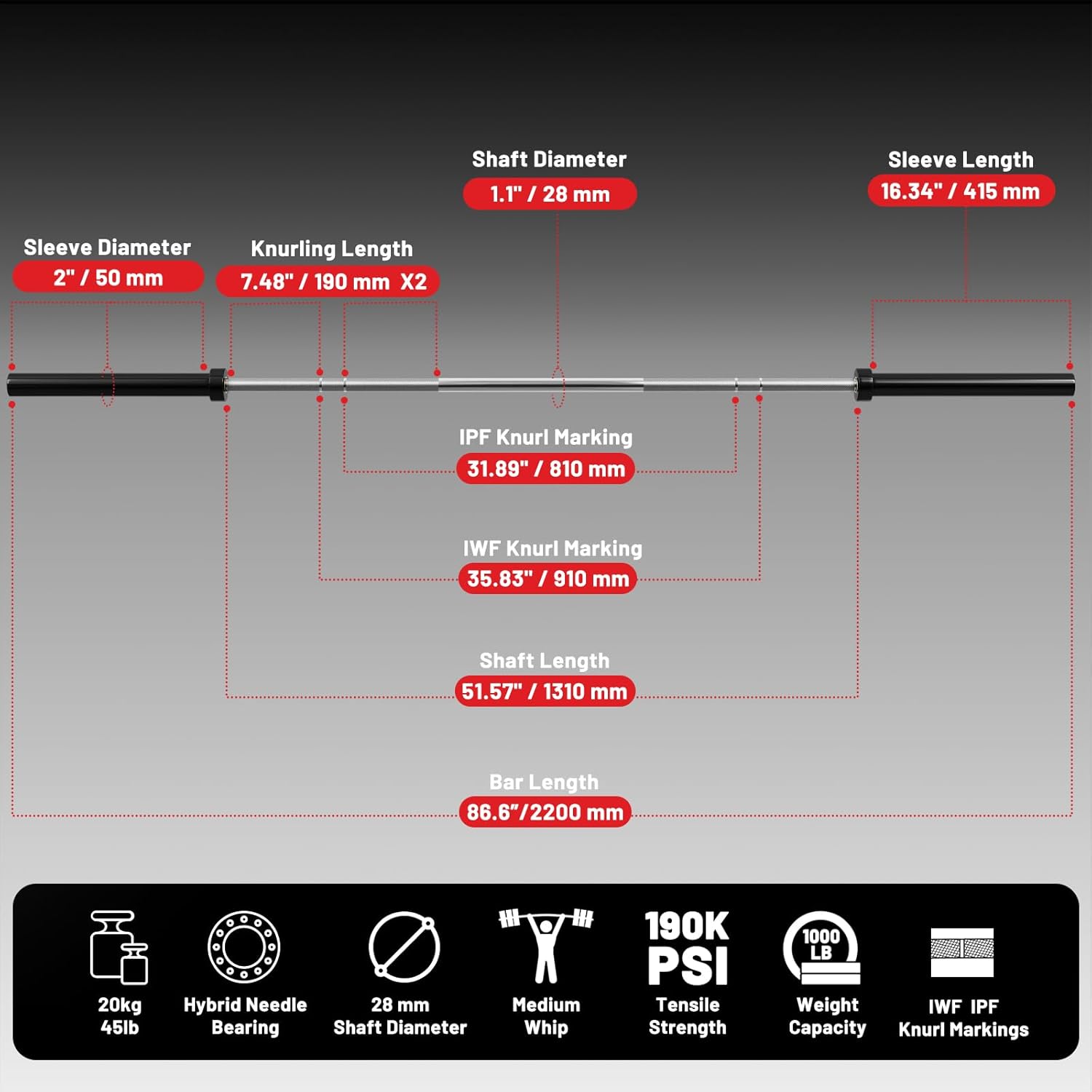 7FT Olympic Barbell 45 lb Barbell 2 INCH 1000lbs/1500lbs Capacity Olympic Bar with Moderate Knurling For Squats Curls Deadlifts