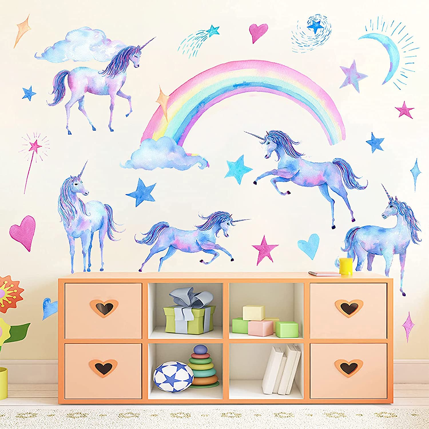 Senua Girls Rainbow Unicorn Wall Decals, Multi Color Unicorn Vinyl Wall Stickers, Removable Decals For Bedroom Kids Room Nursery, Unicorn Wall Art Home Decorations Party Supplies