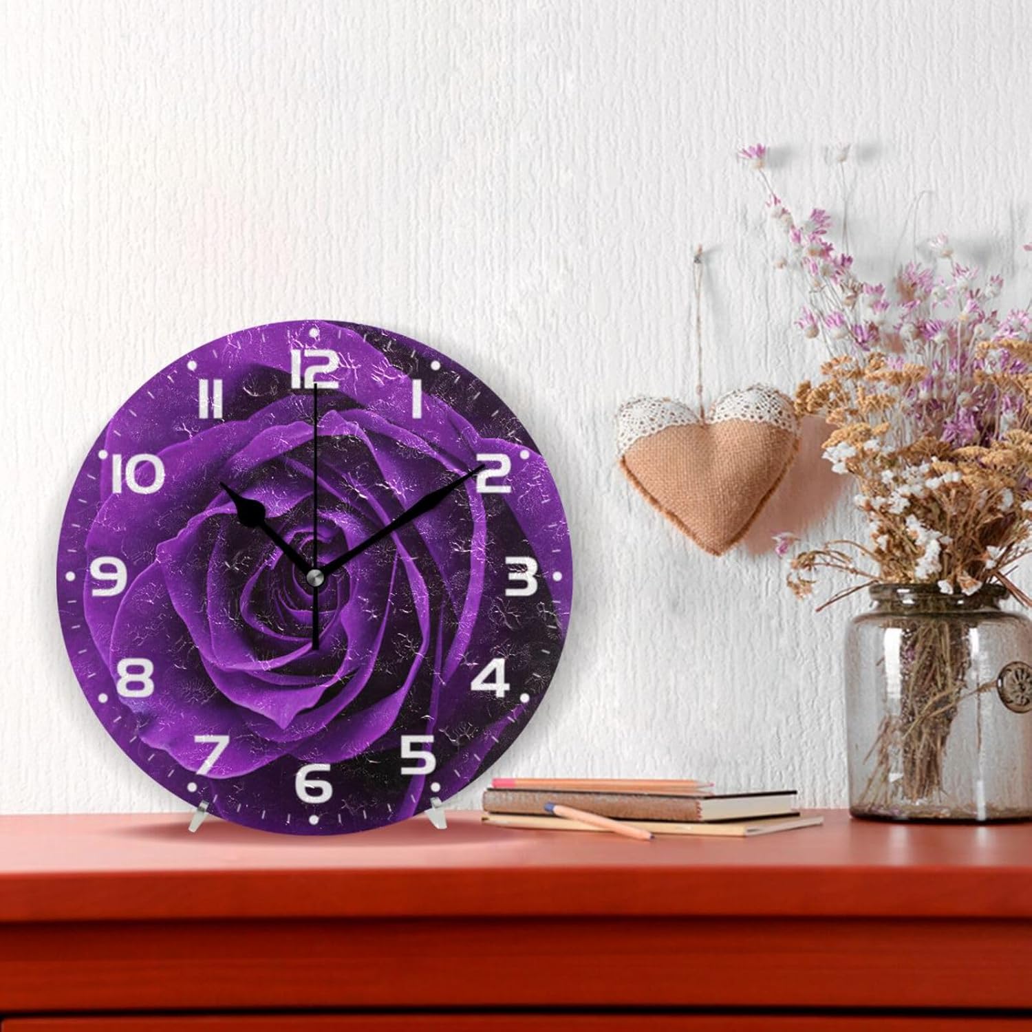 Purple Rose Wall Clock Silent Non Ticking Round Wall Clocks Battery Operated Easy to Read Clock Wall Decorative for Home Kitchen Living Room Bedroom Office, 10 Inch