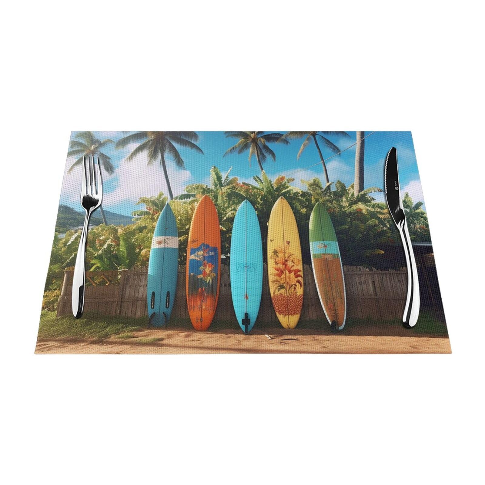 Surf's up Surfboard Placemats Set of 6 PCS - Woven Vinyl Kitchen Table Placemats - Heat Resistant Non-Slip Place Mats for Dining Table, Washable Indoor Outdoor Table Mats 12x18 Inch