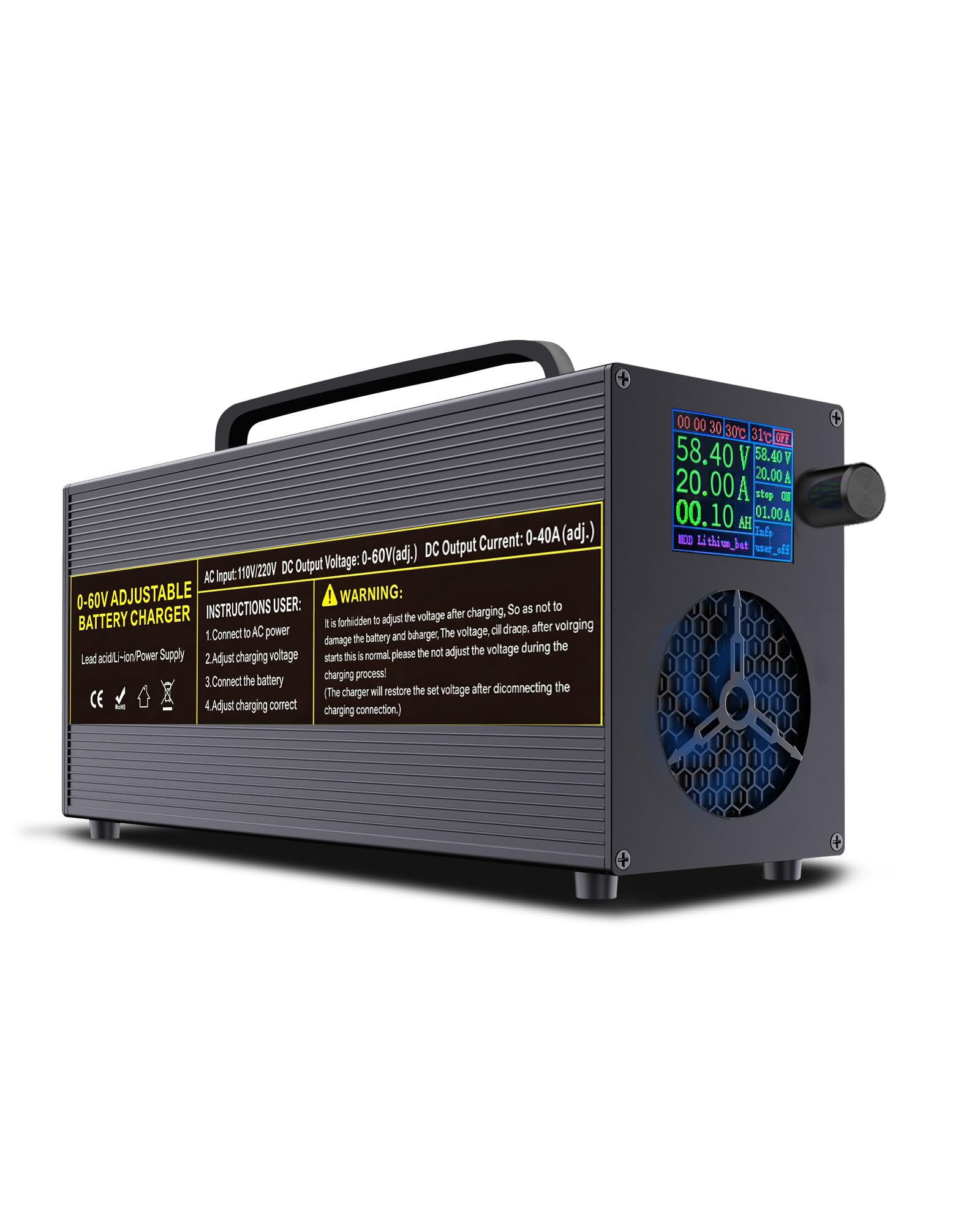 Caricabatterie LiFePO4 regolabile 0-60V 0-40A con maniglia anche per batterie al piombo e al litio – Caricabatterie universale intelligente con display colori, connettore Anderson e pinze coccodrillo