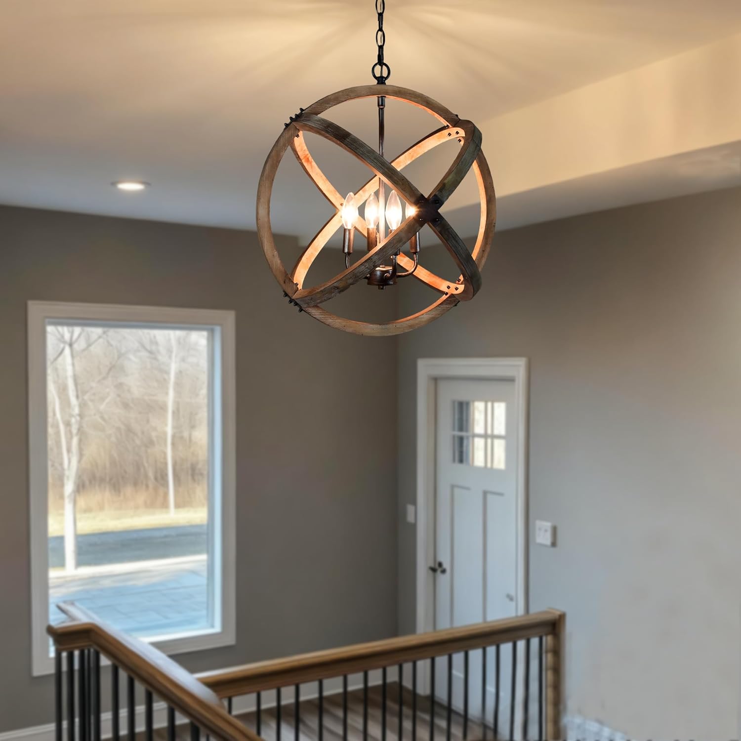 KSANA Wood Orb Chandelier, Rustic Farmhouse 4-Light Globe Hanging Fixture with Black Brushed Silver Accents for Dining Room, Foyer, Bedroom and Kitchen