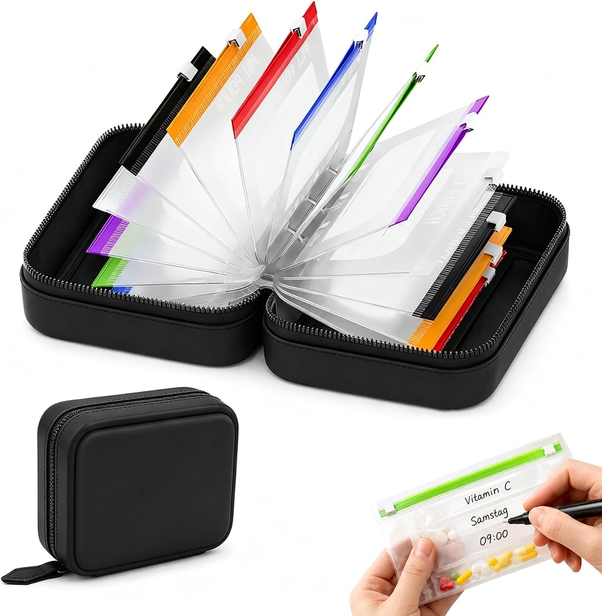 Waterproof Pill Pouch Set-14pcs Bags Inside,Pill Organizer Binder-Coded Pouches,Leakproof Reusable Zippered Storage Case,Air Tight Pocket Color - Coded Reusable Travel Storage System (Black)