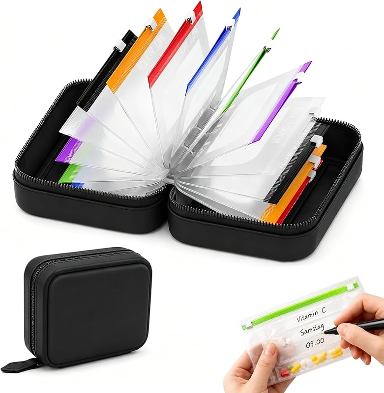 Waterproof Pill Pouch Set-14pcs Bags Inside,Pill Organizer Binder-Coded Pouches,Leakproof Reusable Zippered Storage Case,Air Tight Pocket Color - Coded Reusable Travel Storage System (Black)