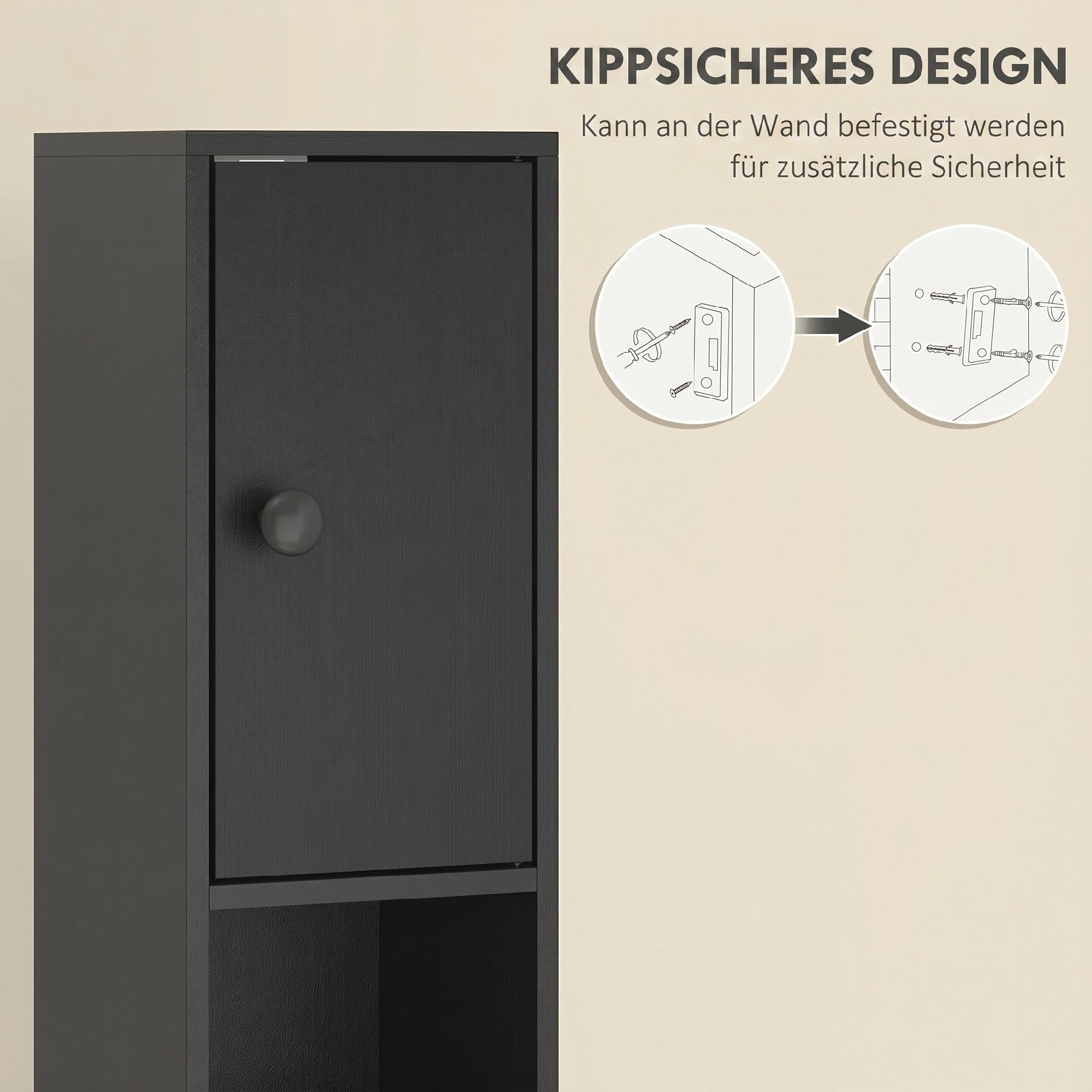 kleankin Badezimmerschrank schmal für kleine Räume 20 x 20 x 180 cm Schwarz